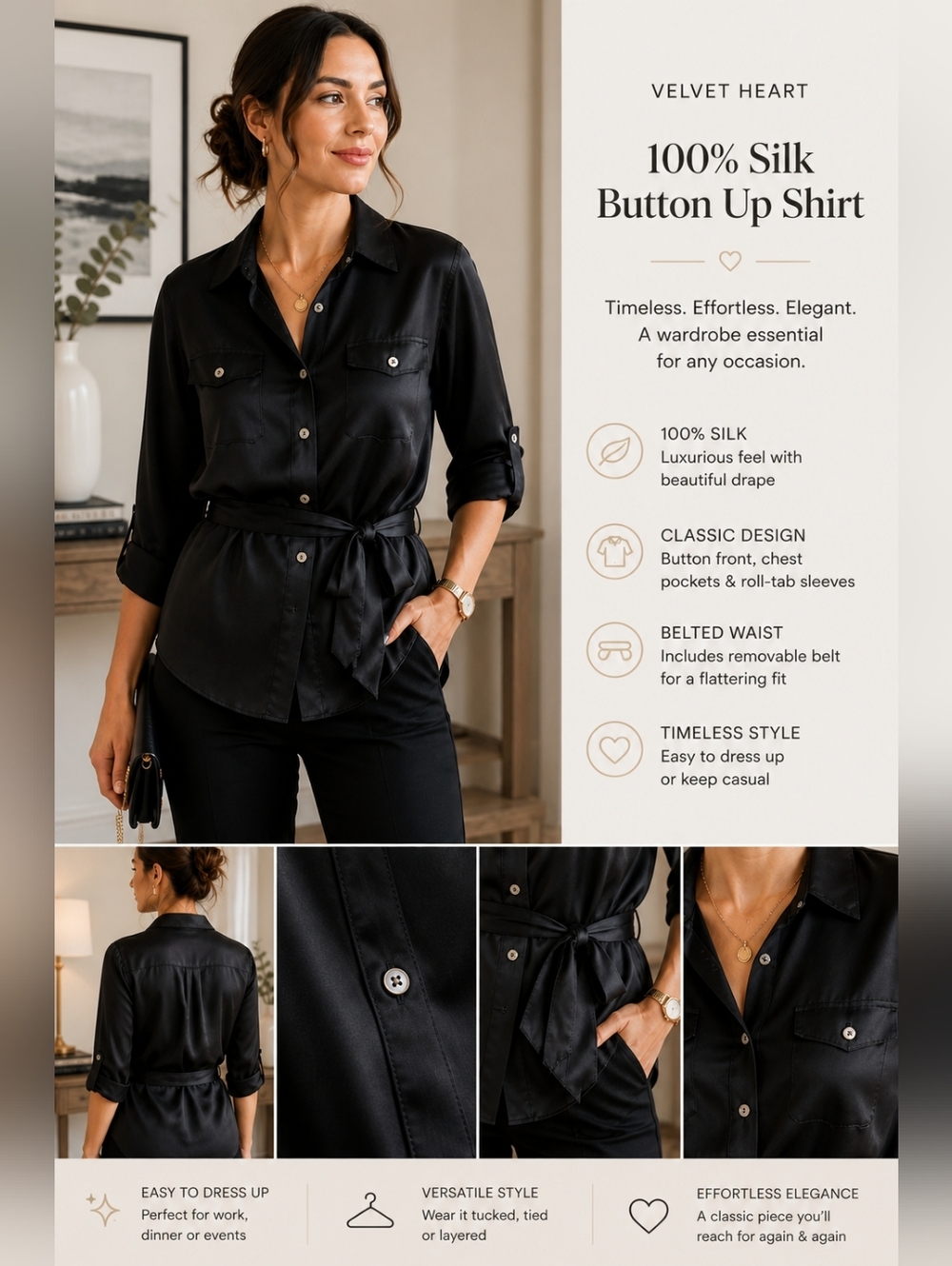 Velvet Heart 100% Silk Button Down Blouse Black Belted Classic Luxe